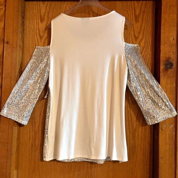 NWT JM Collection Silver Sequin Cold Shoulder Top L - Picture 6 of 11